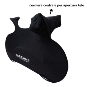 Telo copribici da corsa universale vista frontale particolare cerniera, marchio federico baccan. Modello Design basic black
