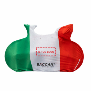 Telo copribici da corsa universale vista laterale il tuo logo, marchio federico baccan. Modello Design colore italian flag