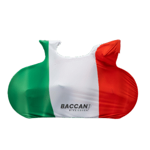Telo copribici da corsa universale vista laterale senza cerniere, marchio federico baccan. Modello Design colore italian flag