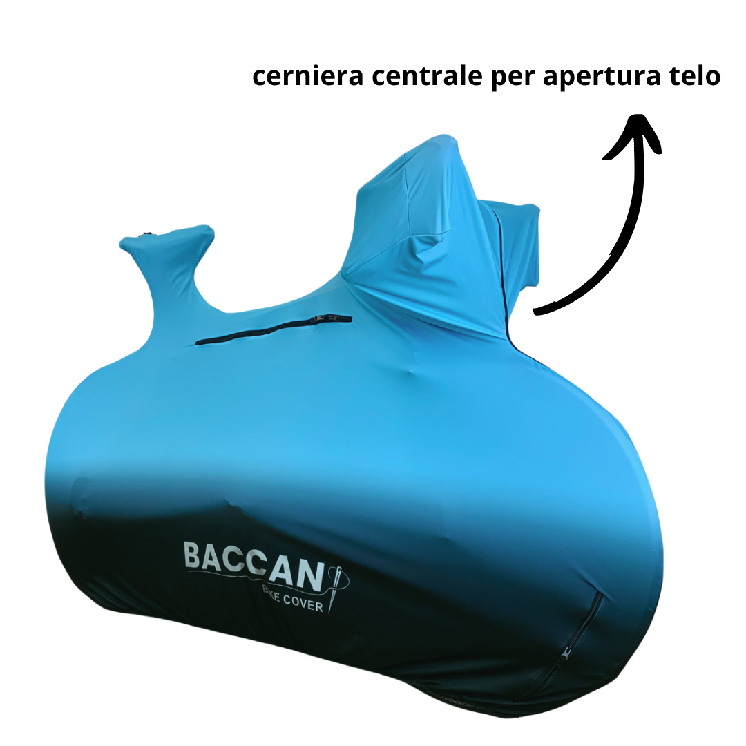 Telo-copribici-da-corsa-universale-Federico-Baccan-design-nero-azzurro-3 Telo copribici da corsa universale vista frontale particolare cerniere, marchio federico baccan. Modello Design colore nero e azzurro