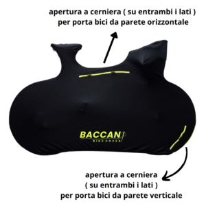Telo copribici da corsa universale vista laterale particolare cerniere, marchio federico baccan. Modello Design colore nero e cerniere giallo fluo