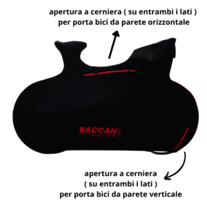 Telo copribici da corsa universale vista laterale particolare cerniere, marchio federico baccan. Modello Design colore nero e cerniere rosse