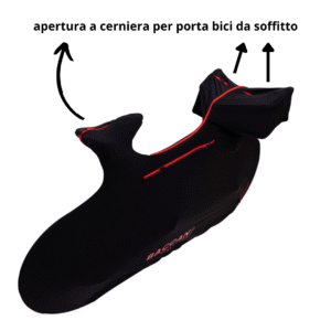 Telo copribici da corsa universale vista alta particolare cerniere, marchio federico baccan. Modello Design colore nero e cerniere rosse