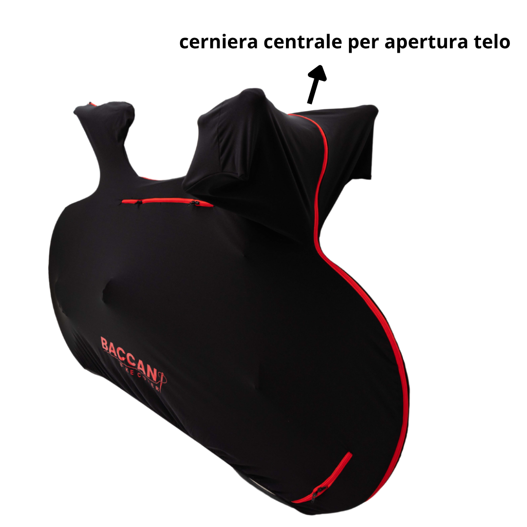 Telo-copribici-da-corsa-universale-Federico-Baccan-design-nero-cerniere-rosse-3 Telo copribici da corsa universale vista frontale particolare cerniere, marchio federico baccan. Modello Design colore nero e cerniere rosse