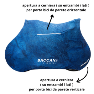 Telo copribici da corsa universale vista laterale particolare cerniere, marchio federico baccan. Modello standard colore blue earth