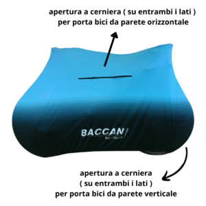 Telo copribici da corsa universale vista laterale particolare cerniere, marchio federico baccan. Modello standard colore nero e azzurro