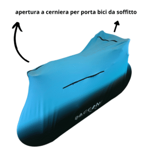 Telo copribici da corsa universale vista alta particolare cerniere, marchio federico baccan. Modello standard colore nero e azzurro