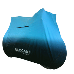 Telo copribici da corsa universale vista frontale e laterale, marchio federico baccan. Modello standard colore nero e azzurro