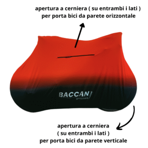 Telo copribici da corsa universale vista laterale particolare cerniere, marchio federico baccan. Modello standard colore nero e rosso