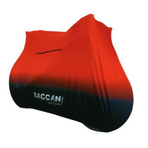 Telo copribici da corsa universale vista frontale e laterale, marchio federico baccan. Modello standard colore nero e rosso