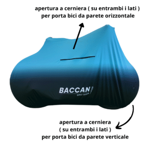 Telo copribici mtb universale vista laterale particolare cerniere, marchio federico baccan. Colore nero e azzurro