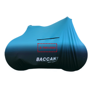 Telo copribici mtb universale vista laterale il tuo logo, marchio federico baccan. colore nero e azzurro