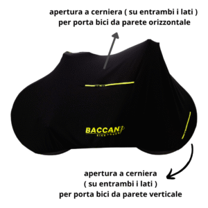 Telo copribici mtb universale vista laterale particolare cerniere, marchio federico baccan. Colore nero e cerniere giallo fluo