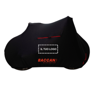 Telo copribici mtb universale vista laterale il tuo logo, marchio federico baccan. colore nero e cerniere rosse