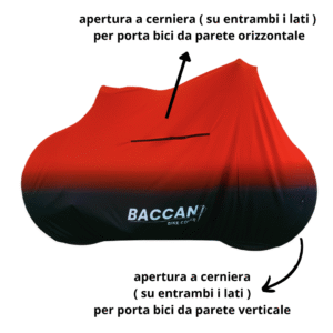 Telo copribici mtb universale vista laterale particolare cerniere, marchio federico baccan. Colore nero e rosso