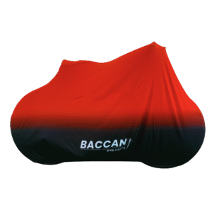 Telo copribici mtb universale vista laterale senza cerniere, marchio federico baccan. Colore nero e rosso