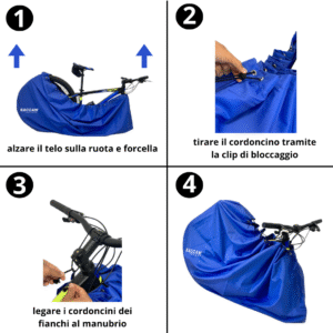 kit telo copribici da trasporto sacca portabici universale impermeabile foto istruzioni montaggio sacca portabici, marchio federico baccan. Colore blu