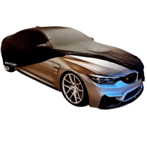 Telo copriauto su misura bmw serie 4 m4 f82 vista frontale di lato mezza scoperta telo nero marchio federico baccan