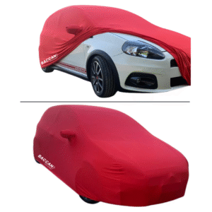 Telo copriauto su misura fiat grande punto abarth vista frontale mezza scoperta e tutta coperta marchio federico baccan