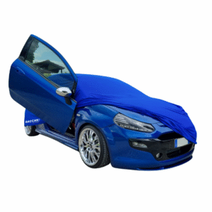 Telo copriauto su misura fiat grande punto abarth vista frontale mezza scoperta telo blu marchio federico baccan