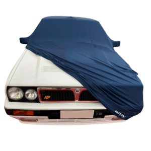 Telo copriauto su misura lancia delta integrale vista frontale mezza scoperta telo blu notte marchio federico baccan
