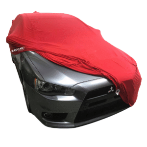Telo copriauto su misura mitsubishi lancer evo 10 vista frontale mezza scoperta telo rosso marchio federico baccan