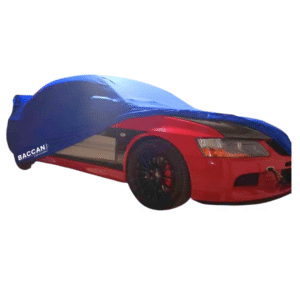 Telo copriauto Mitsubishi Lancer Evo 7 / 8 / 9 vista frontale mezza scoperta di lato telo blu sport marchio federico baccan